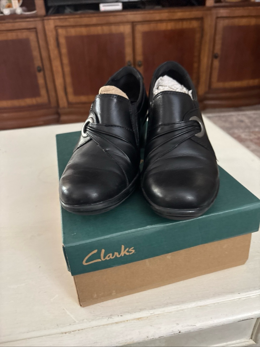 Clarks Black Leather Slip-On Loafers with Decorative Strap